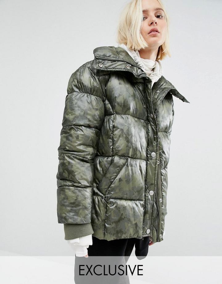Puffa Oversized Padded Jacket In Angular Camo - Green