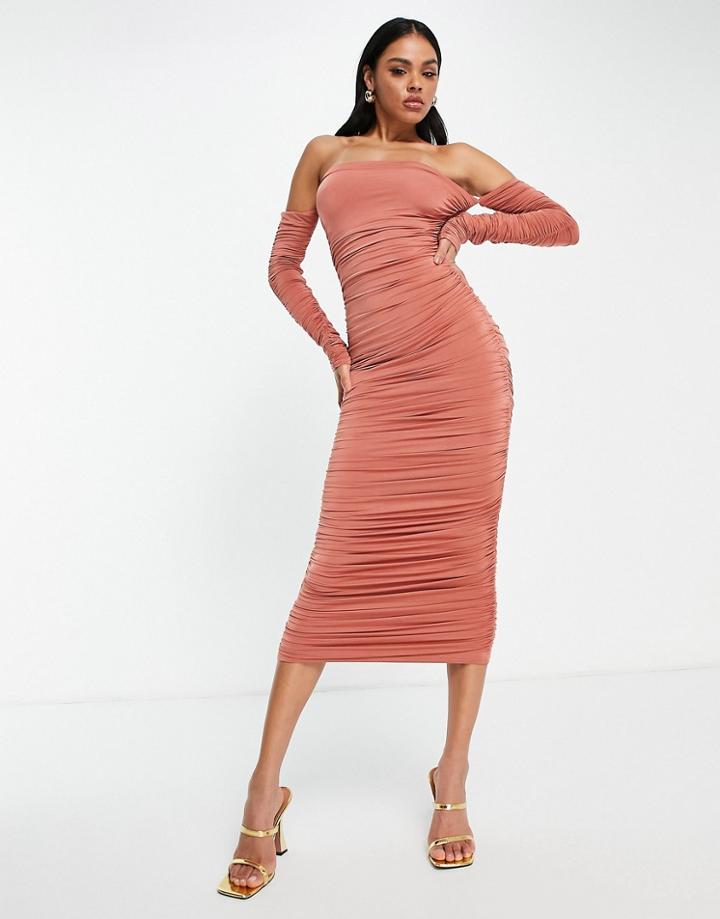 Public Desire Double Layer Ruched Midaxi Dress In Dusty Peach-orange