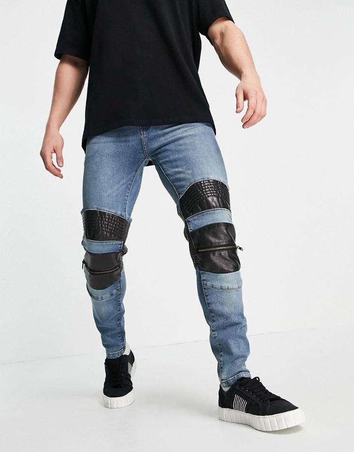 Night Addict Skinny Moto Denim Jeans In Blue Wash