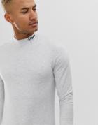 Asos Design Skinny Long Sleeve T-shirt With Stretch And Embroidered Turtleneck In White Marl
