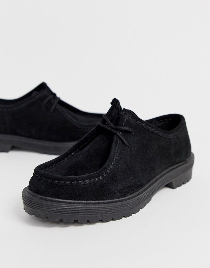 Asos Design Morocco Leather Chunky Lace Up Flat Shoes In Black - Black