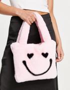 Asos Design Mini Tote Bag In Faux Fur Happy Face Print In Pink