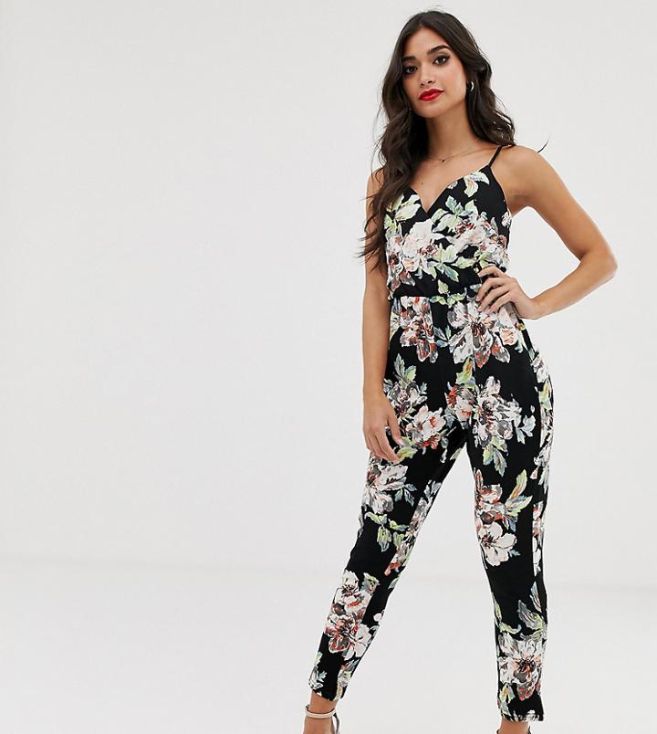 Boohoo Petite Cami Strap Jumpsuit In Black Floral - Multi