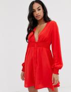 Asos Design Long Sleeve Button Through Mini Dress With Shirred Waist