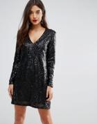 Ivyrevel V Neck Sequin Shift Mini Dress - Black