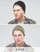 Asos Fisherman Beanie 2 Pack In Black And Olive - Multi