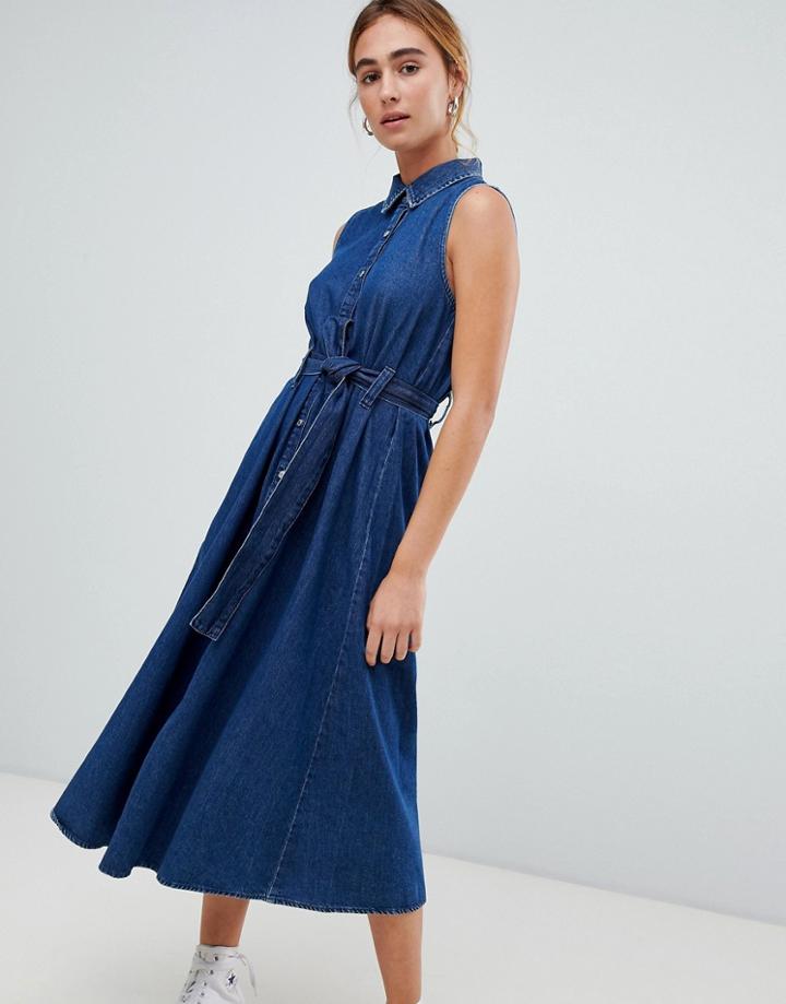 Pull & Bear Tie Waist Denim Dress - Blue