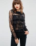 Asos Top With Ruffle Collar In Lace - Navy