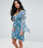 Glamorous Petite Long Sleeve Tea Dress In Illustrated Floral-blue