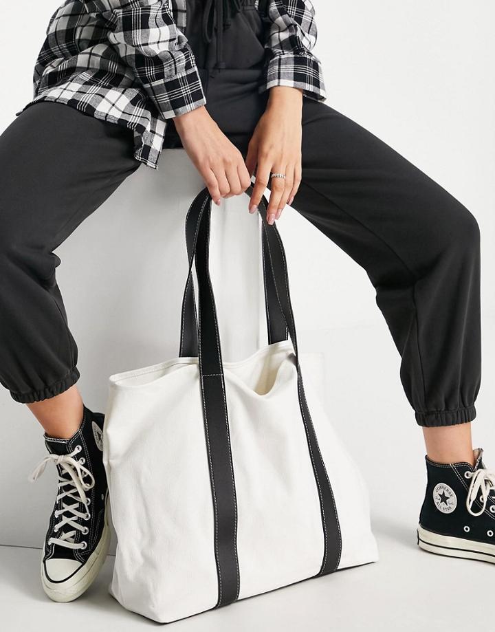 Asos Design Canvas Tote Bag With Pu Straps In Cream-white