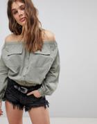 Asos Casual Off Shoulder Top With Utility Detail - Green