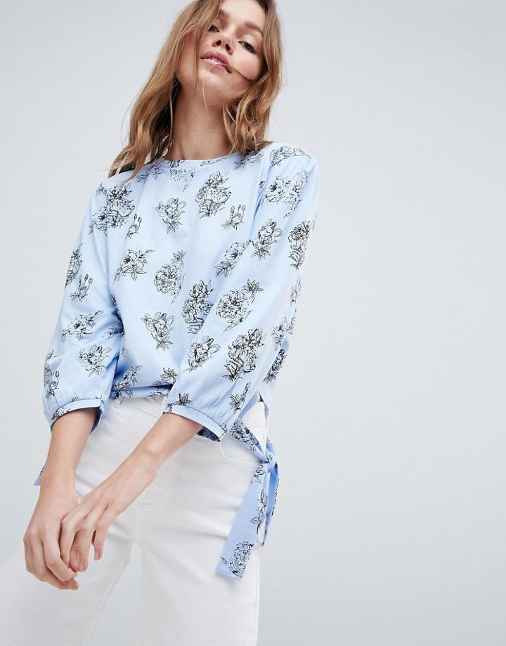Brave Soul Swoop Long Sleeve Top In Large Scale Floral Print - Blue