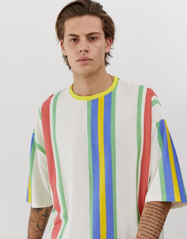 Asos Design Organic Cotton Oversized T-shirt In Pastel Vertical Stripes - Multi
