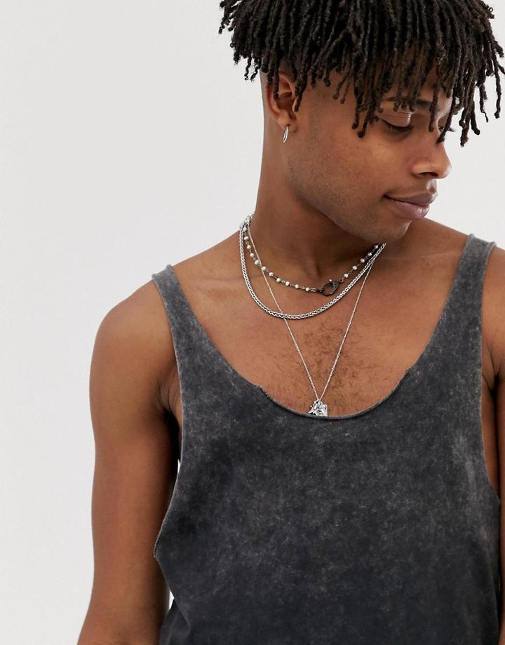 Asos Design Tank With Deep Scoop And Raw Edge In Acid Wash - Black