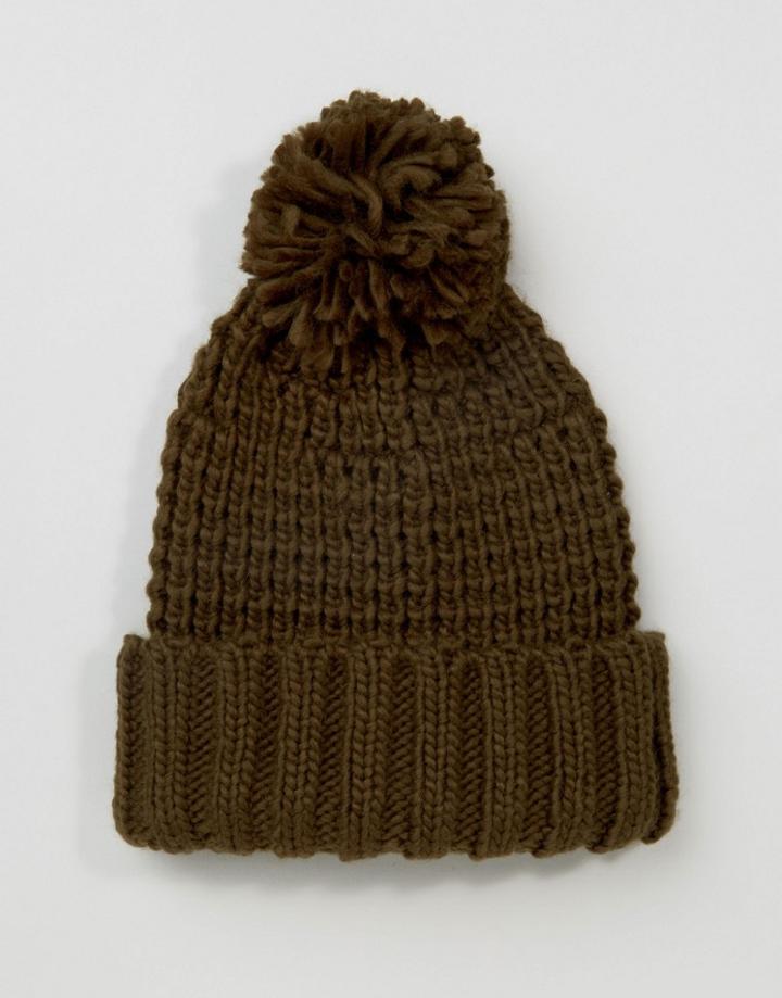Asos Chunky Bobble Beanie In Khaki - Green