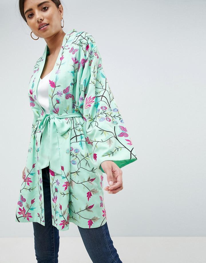 Asos Design Embroidered Kimono - Green
