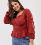 Asos Design Curve Top In Broderie With Button Front And Peplum-brown