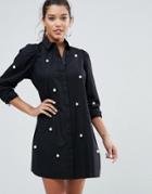 Asos Cotton Mini Shirt Dress With Pearl Detail And 80s Sleeve - White