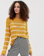 Brave Soul Striped Loose Fit Textured Stitch Sweater In Gold-yellow