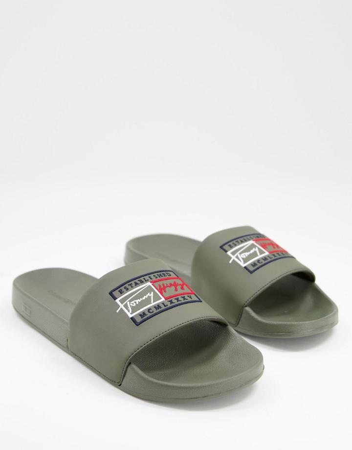 Tommy Hilfiger Slides With Script Logo In Olive Green