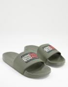 Tommy Hilfiger Slides With Script Logo In Olive Green