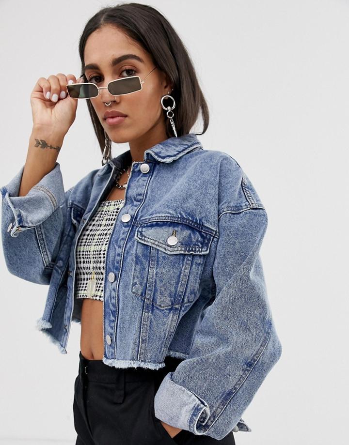 Bershka Cropped Denim Jacket In Blue
