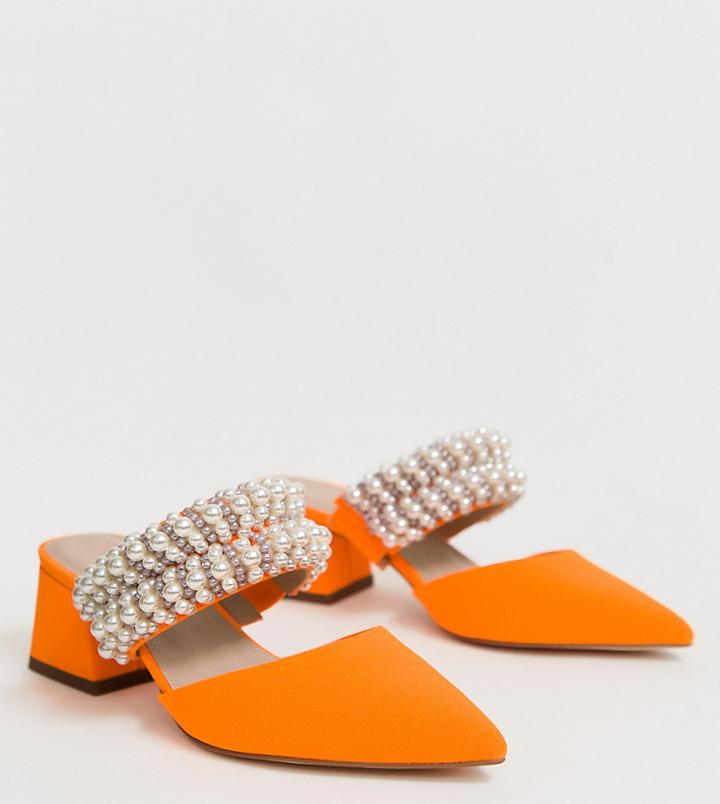 Asos Design Wide Fit Wings Pearl Embellished Block Heeled Mules In Neon Orange - Orange