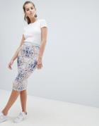 Oeuvre Printed Midi Skirt With Striped Waist Detail - Pink