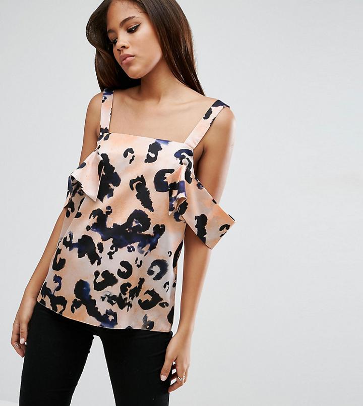 Asos Tall Cold Shoulder Top In Watercolor Print - Multi