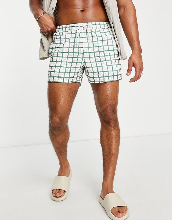Asos Design Swim Shorts With Hand Drawn Check Print Short Length-white