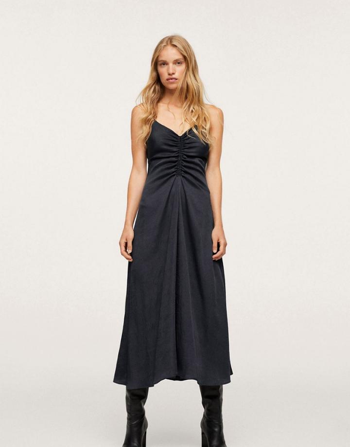 Mango Strappy Satin Cami Dress With Ruching Detail In Navy