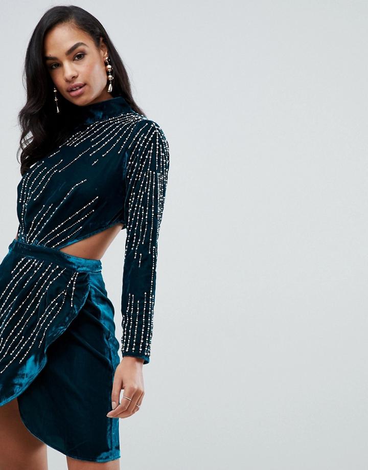 Asos Design Velvet Mini Dress With Starburst Pearl Embellishment - Blue