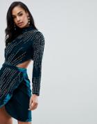 Asos Design Velvet Mini Dress With Starburst Pearl Embellishment - Blue