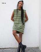 Asos Design Padded Shoulder Sleeveless Mini T-shirt Dress In Khaki And Black Stripe-green