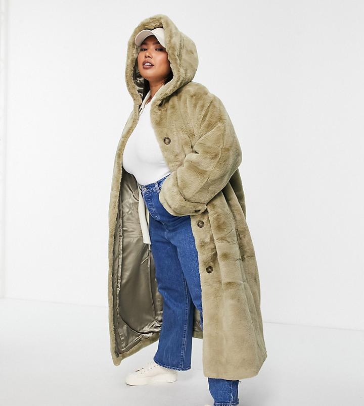 Asos Design Curve Hooded Faux Fur Maxi Coat In Sage-green