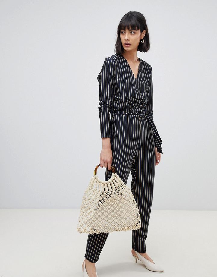 Moss Copenhagen Wrap Front Jumpsuit With Tie Waist In Pinstripe - Navy