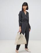 Moss Copenhagen Wrap Front Jumpsuit With Tie Waist In Pinstripe - Navy