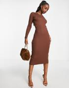 Femme Luxe Knitted Midi Dress With Cut Out Detail In Chocolate-brown