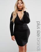 Club L Plus Slinky Ruched Dress With Wrap Front And Choker Detail - Black