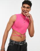 Asos Design Muscle Crop Wrap Around Tank Top With Turtle Neck In Pink