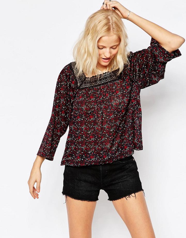 Only Long Sleeve Floral Top With Crochet Neckline - Night Sky