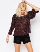 Only Long Sleeve Floral Top With Crochet Neckline - Night Sky