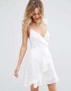 Wyldr Spoken Thoughts Satin Tie Wrap Dress With Frill On Straps - White