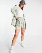 Asos Design Dad Suit Short With Tie Waist In Green Check-multi