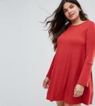 Asos Curve Mini Swing Dress With Seam Detail And Trumpet Sleeve - Red