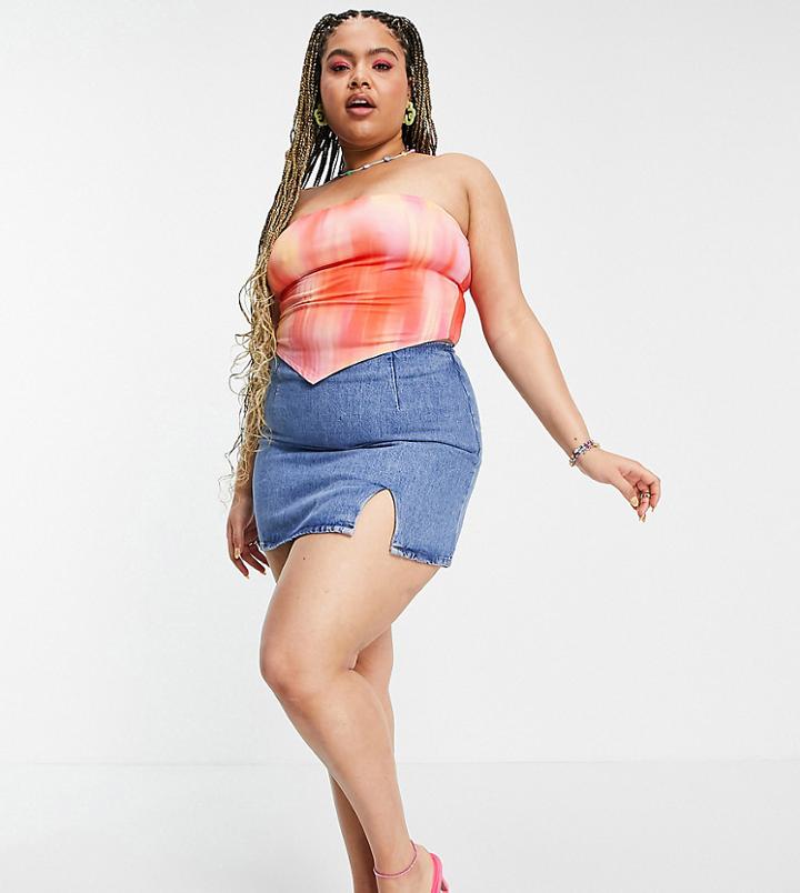 Asos Design Curve Bandeau Top With Scarf Hem In Blurred Marble Print-multi