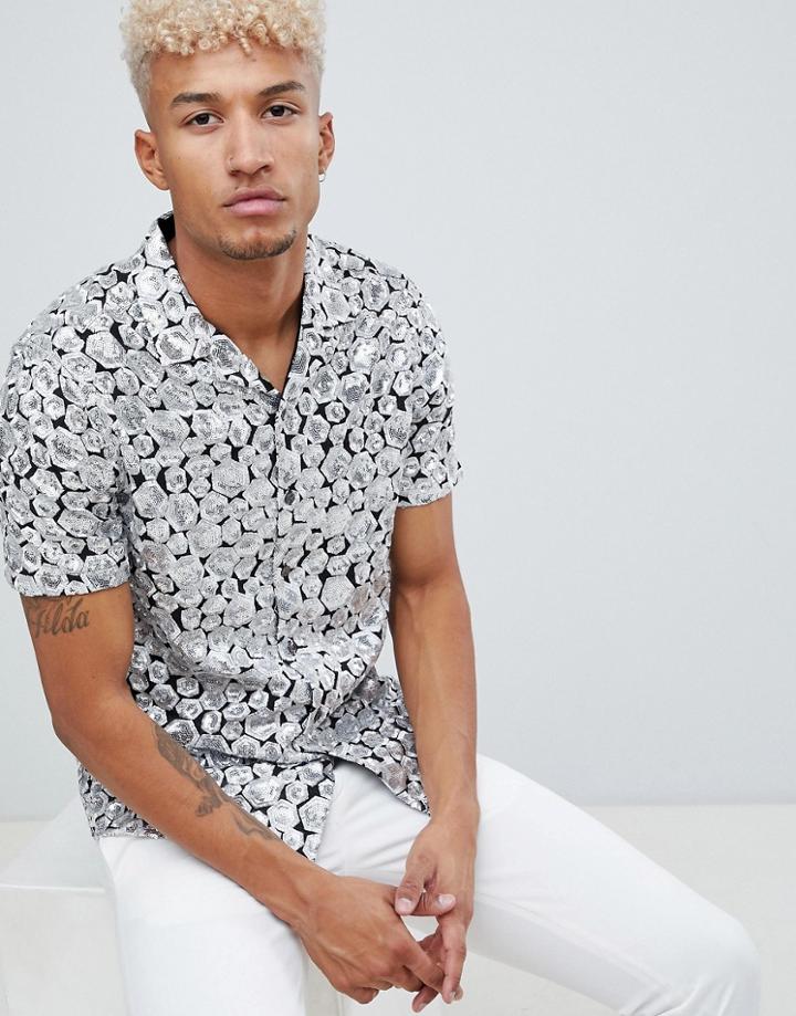 Asos Edition Regular Fit Sequin Geo Shirt In Silver - Silver