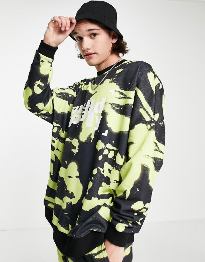 Asos Unrvlld Spply Extreme Oversized Sweatshirt With Logo In All Over Print In Green - Part Of A Set