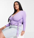 Asos Design Curve Wrap Top In Rib With Tie In Lilac-purple