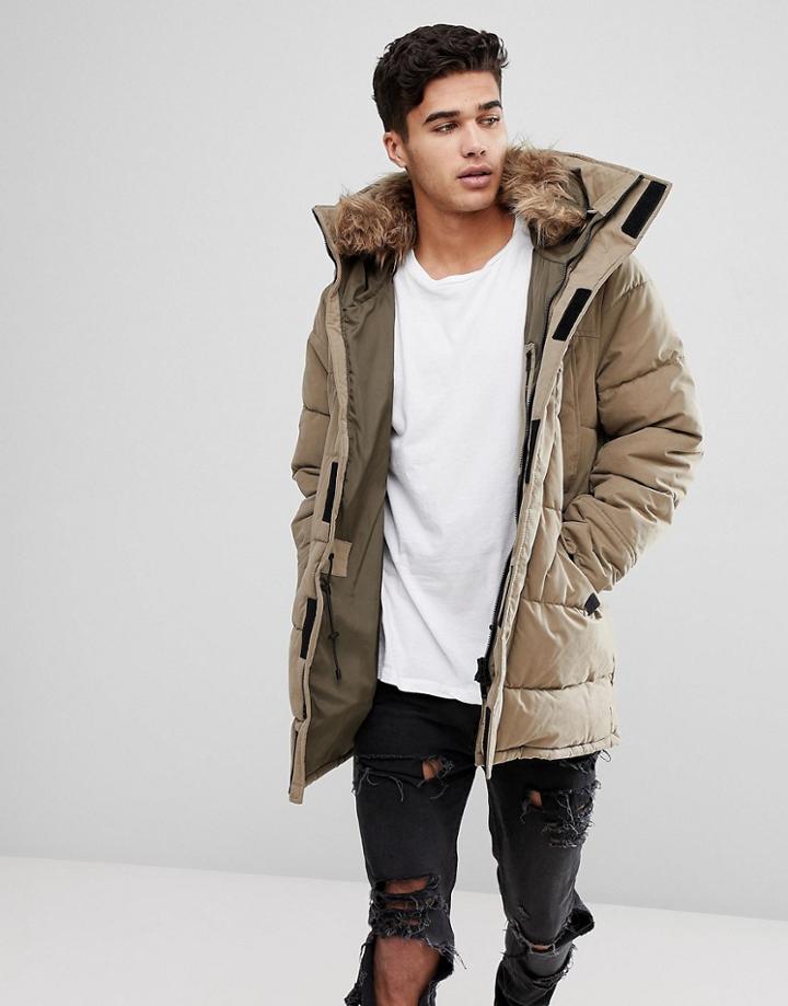 Mango Man Parka With Faux Fur Hood In Tobacco - Brown